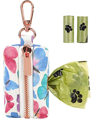 ARING PET Dog Waste Bag Dispenser, Cotton Doggy Poop Bags Holders Attach to Any Leashes, Portable Washable Butterfly Pattern Pet Waste Pouch Dispenser with Metal Zipper