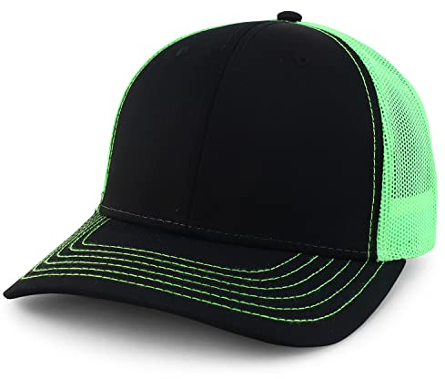 Armycrew Oversize XXL Low Profile Two Tone Mesh Back Trucker Baseball Cap - Black Neon Green - 2XL