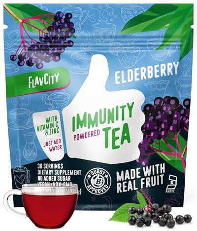 FlavCity Immunity Tea Powder - Vitamin C, Zinc, & Elderberry Herbal Tea for Immune Support - Non GMO & Sugar Free (30 Servings)