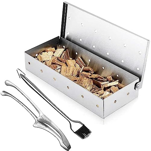TINMIX Caja para ahumar para asar virutas de madera, cámara de humo perforada con cepillo de aceite de acero inoxidable 304 y pinzas para alimentos, accesorios para barbacoa de carbón vegetal/barbacoa