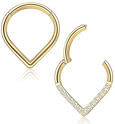 FIOROYAL 2 Stück 16G G23 Titan Septum Piercings V-förmige Daith Hoop Ohrring Nasenring Piercing Tragus Helix Conch Piercing Ring für Damen Gold Silber Schwarz G