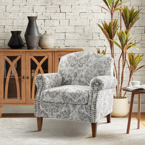 HULALA HOME Modern Armchair Accent Chair with Wood Legs & Removable Cushion, Comfy Upholstered Nailhead Trim, Floral Design Single Cozy Club Sofa for Reading Office Living Room Bedroom, BEIGE