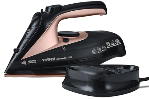 Tower T22008RG Ferro da Stiro a Vapore Senza Fili CeraGlide con Piastra in Ceramica e Funzione Vapore Variabile, Nero e Oro Rosa