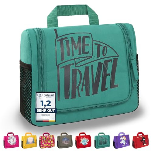 GRINSEZWERGE Kulturtasche für Kinder und Erwachsene - 12 Motive | Reise Kulturbeutel für Damen und Herren | Kosmetiktasche zum Aufhängen | Waschbeutel Waschtasche Reisetasche für Jungen und Mädchen