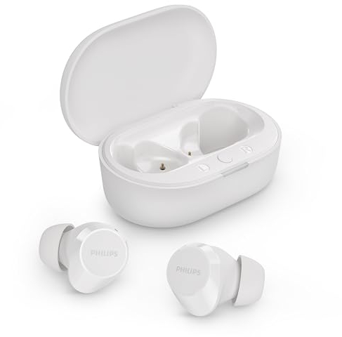 PHILIPS TAT1209WT Auriculares True Wireless con Bluetooth - Auriculares pequeños, Gran Valor, un Sonido Natural con Graves dinámicos, Llamadas nítidas y Estuche de Carga tamaño Bolsillo - Blanco