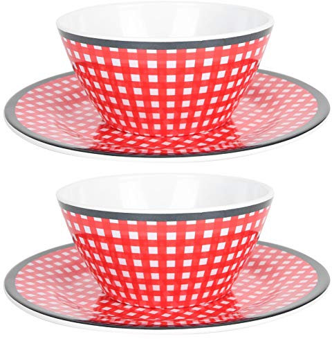 Miskall 4pcs Tableware Set Imitation Porcelain Plate Bowl Red Grid Salad Bowl Kit, Fruit Plate Salad Bowl Kit