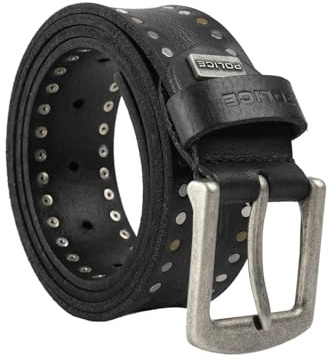 Police Ceinture Homme en Cuir Véritable, Sportive, Largeur 4 cm, Cloutée/À Clous, Ajustable (Raccourcissable), Sans Nickel