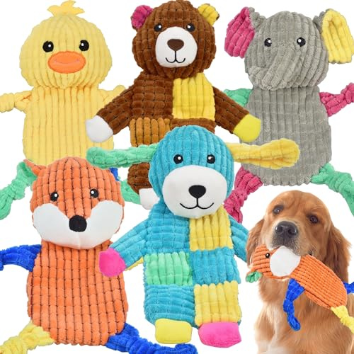LECHONG 5-Pack Squeaky Dog Toys, Low-Stuffing Soft Tough Plush Crinkle Chew Toys for Large Medium & Small Dogs Puppy, Interactive Dog Toys Bundle Boredom Buster