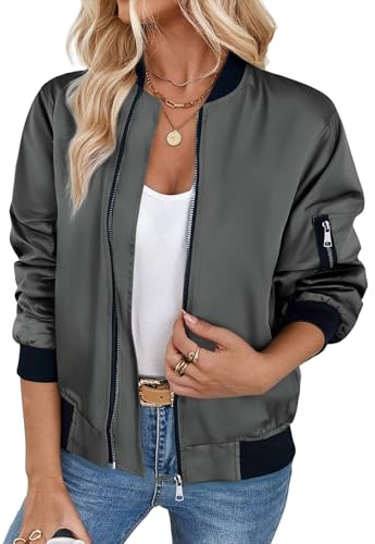 Zeagoo Chaqueta Bomber Ligera Para Mujer Urbano Chaqueta Motociclista Longitud Corta con Cremallera Múltiples Bolsillos gris oscuro