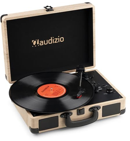 Audizio RP116LW Tocadiscos Retro con Bluetooth In/out, USB para MP3, Altavoz Integrado y 3 Velocidades – Maletín Reproductor de Vinilo en Acabado Madera Clara Ideal para Música, Estilo Vintage