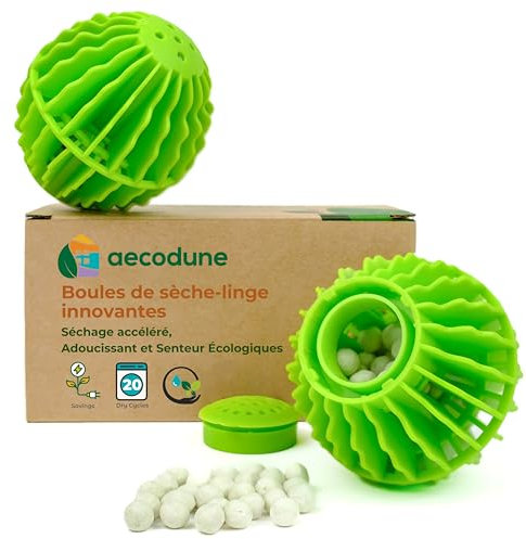 aecodune Boule Seche Linge Innovante, 2x Balle de Sechage Seche Linge Réutilisable – Réduit le Temps de Séchage - Assouplissant Linge et Parfum de Linge - Ingrédients Naturels et Economies