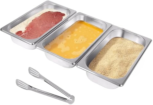 EXLECO Edelstahl Panierschalen Set 3-teilig 32,5 x 17,5 x 6,5 cm GN Behälter 1/3 Panierstraße Rechteckig Metall-Panierstrasse Gastro Behälter für Schnitzel Fleisch Fisch