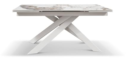 PAZZO DESIGN Table extensible Emanuele, plateau en céramique, marbre Calacatta Gold, pieds croisés blancs, cuisine, salon, 160 x 90 x h76,4 cm - id_1759