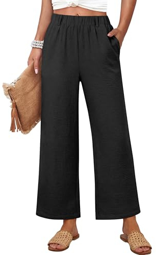ANRABESS Womens Wide Leg Pants Summer Lounge Elastic Waist Palazzo Pants Lightweight Beach Vacation Trousers with Pockets Black