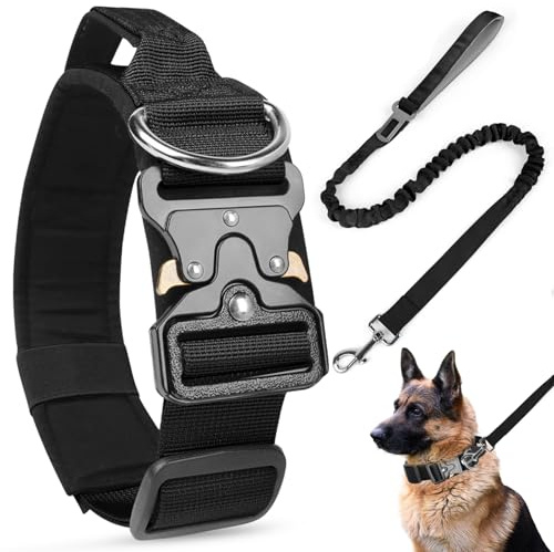 AKOFIC Collare Tattico Cane e Guinzaglio Regolabile con Maniglia di Comando, Imbottito Collare per Cani Militare in Nylon con Fibbia in Metallo per Cani di Taglia Media e Grande Addestramento