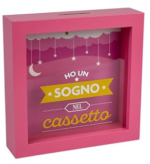 Salvadanaio Decorativo 'Ho Un Sogno Nel Cassetto', Rosa, 16x16 cm, con Design Luna e Stelle