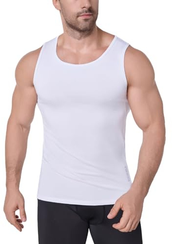 Towintec Men Compression Vest Tank Top with Body Shaper Breathable Elastic for Running Crew Neck Mesh Undershirt Workout Gym Excersice Sport Shirts Basketball Slimming Tummy Control Tight White