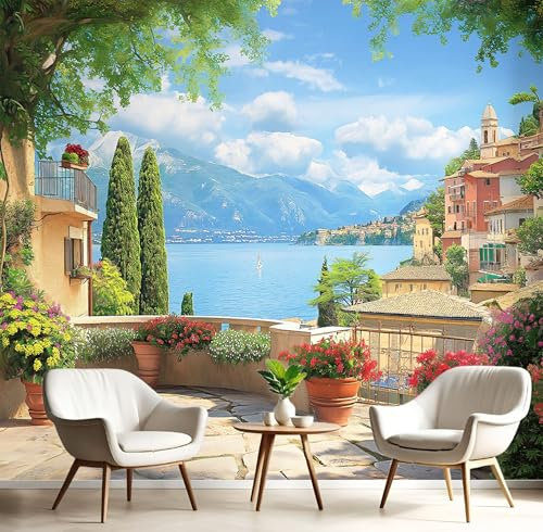 Fotomurales Decorativos Pared Italia Océano 300×210cm Papel Pintado Tejido No Tejido Puerto Pueblo Fotomural 3D Mural Paredes Papel Tapiz Decoración Salón o Dormitorio