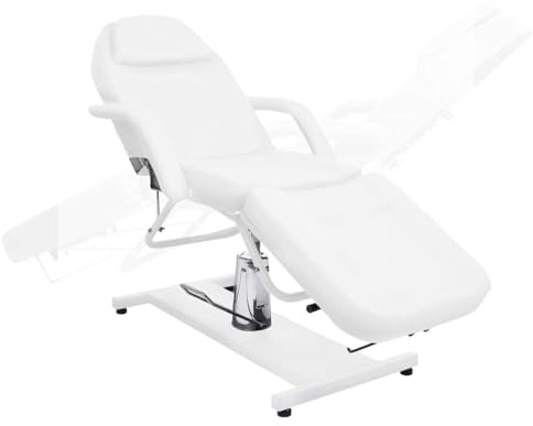 Eleganz Table de massage blanche 180 x 62 x (87-112) cm en PVC, fer et contreplaqué – Ergonomique et durable pour cosmétiques capillaires et bien-être