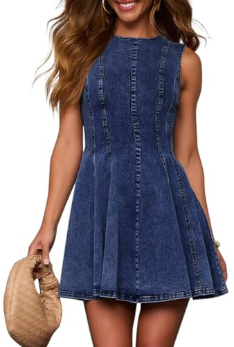 KDF Denim Dress for Women Sleeveless Babydoll Tank Jean Dress Slim Fit A-Line Summer Dresses for Women 2026 Indigo Blue