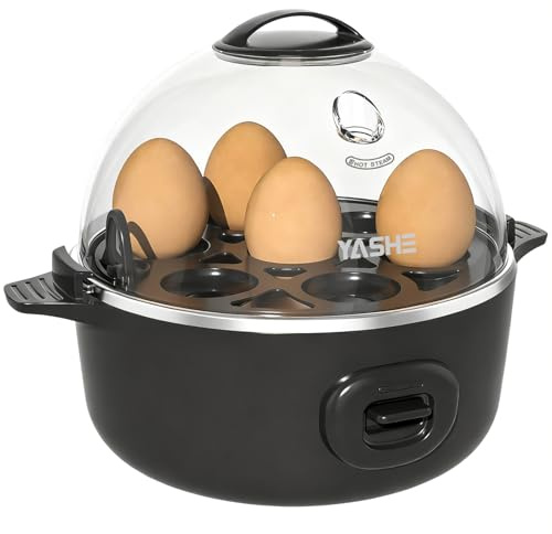 YASHE Eierkocher, elektrischer Eierkocher für 7 Eier für hart, mittel und weich gekochte Eier, Eierbecher, Omelett-Maker mit BPA-freiem Tablett und Eierbecher, akustisches Signal