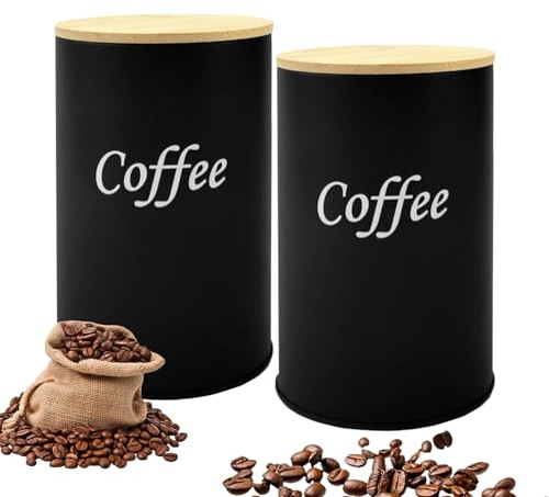 BAIFULAI Lot de 2 récipients à grains de café avec couvercle en bois : récipient à café en fer, boîte à café hermétique pour grains de café, café moulu, capsules de café, dosettes de café, stockage de