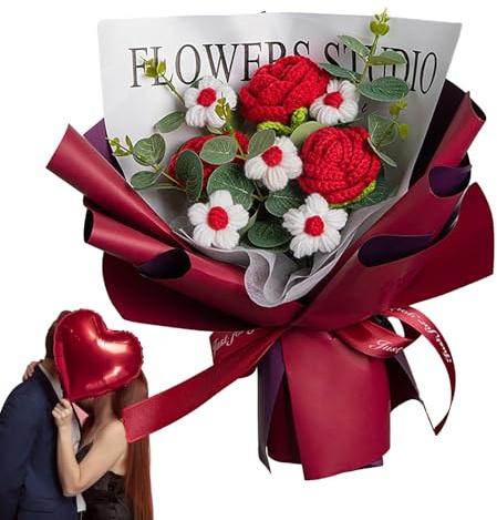 Generico Fiori all'uncinetto - Bouquet di fiori all'uncinetto lavorato a maglia Fiori eterni secchi | eterno fai-da-te secco, decorazione bouquet di rose intrecciate a mano per compleanno, matrimonio