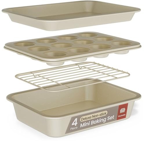 Bakken 4-Piece Bakeware Sets, Nonstick Carbon Steel Baking Sheet, Stackable Space-Saving Bakeware, Dishwasher Safe, Stain-Resistant, PFOA, PFOS, & PTFE Free, Oven Safe Up to 450°F, White Marble