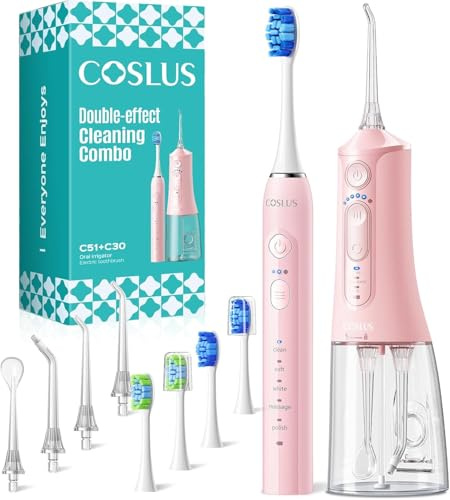 COSLUS C51 Portable Water Dental Flosser 3 Modes 6 Pressure, 2pc, Pink | Water Dental Pick with 6 Pressure for Orthodontic, Braces, Sensitive Gums, Compact for Travel Built-in Nozzle Storage