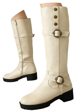 Botas altas de equitación con tacón de bloque para mujer, con cremallera lateral, botas largas de invierno con hebilla decorativa, botas largas antideslizantes de tacón grueso, cómodas para el trabajo