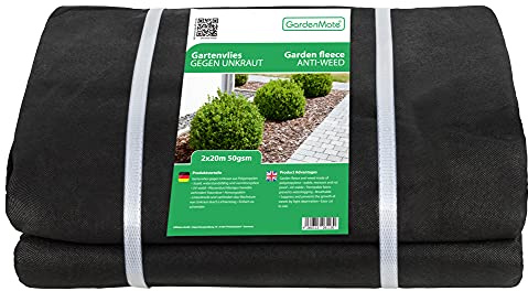 GardenMate 2 m x 20 m Trädgårdsfilt 50g / m² - Rulle ogräsfilt Slitstarkt ogrässkydd i fleecematerial - Hög UV-stabilisering - Permeabel för vatten - 2mx20m = 40m²
