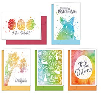 Osterkarten, Grußkarten-Set „Oster-Mix“ – 10 Klappkarten mit farblich passenden Umschlägen, 5 verschiedene Designs im Aquarell-Stil