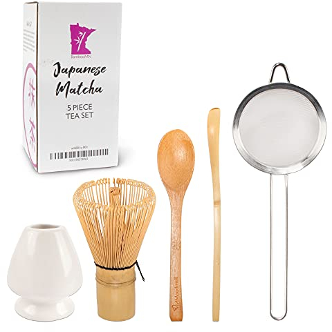 BambooMN Brand - Matcha Green Tea Whisk Set - White - 5-Piece Set - Bamboo Tea Accessories