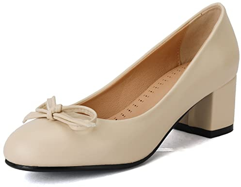Onewus Zapatos de mujer con tacón de bloque y pajarita, Color beige., 34 EU