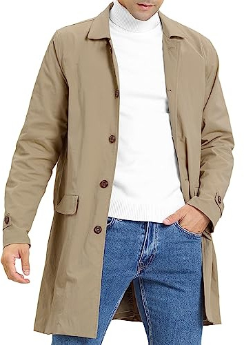 Feziakuk Trenchcoat för män, enkelknäppt, lång kappa, lätt slag, jacka för höst och vinter, övergångsjacka