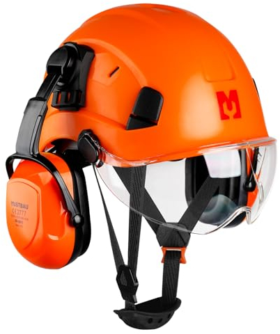 Mustbau Forsthelm, EN397 Schutzhelme mit Kapselgehörschützern und Visier, 53 bis 63 cm Verstellbarer Kopfumfang, strapazierfähiges ABS-Material Für Bauwesen, Forstwirtschaft, Maschinen - Orange