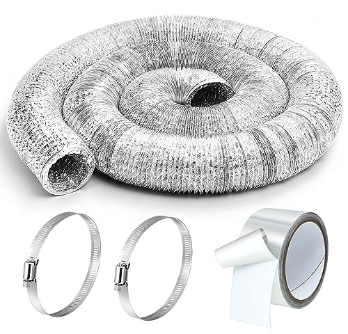 Zonon Dryer Vent Hose 3 Inch X 25 Feet Flexible Aluminum Foil Ducting Non Insulated with Stainless Steel Clamps and Aluminum Tape for Pipe, HVAC Heating Cooling Ventilation and Exhaust(Silver)