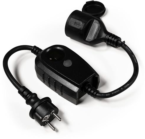 Dämmerungsschalter mit Zwischenstecker und Zeitschaltuhr, 3.680W (ohmsch), 2.070W (induktiv), Zeitschaltuhr 1-9 Stunden, Standby-Verbrauch 1,8W, spritzwassergeschützt (IP44)