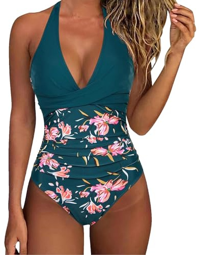 Maillot De Bain Femme 1 Pieces Col V Contrôle Ventre Push Up Rembourré Swimsuit Vetement De Plage Mode De Plage Taille Haute Monokini