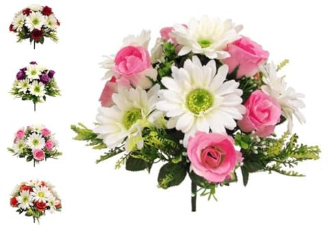 Artificial Rose & Gerbera Daisy Grave Flowers – 32cm UV Resistant, Weatherproof Cemetery Bouquet – Realistic Memorial Floral Display - Indoor / Outdoor - 4 Colour Options (Pink & Ivory)