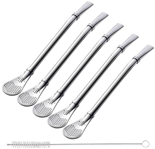 Gotetiso Bombilla Mate 5 Pezzi Riutilizzabile Cannuccia Yerba Mate Bombilla in Acciaio Inossidabile Cucchiaio di Paglia Filtro Cannucce di Filtro Metallo con Spazzole per la Pulizia