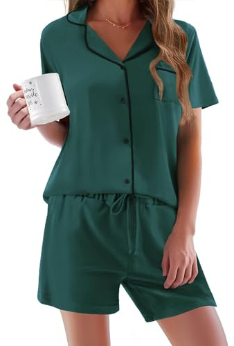 Ekouaer Pyjamas for Women Set Kurz Button Up Pyjama for Ladies Sommer Sleep & Lounge V-Neck Nightwear 2 Piece Set Shorts Loungewear, Green, M