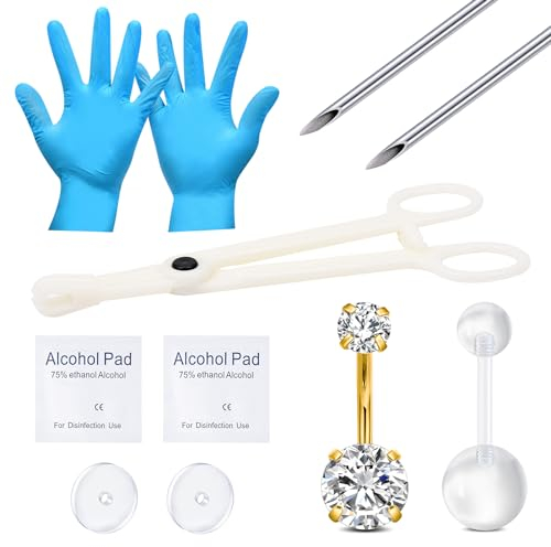 MODRSA BauchNabel Piercing Set 14G Bauchnabel Piercing Kit Chirurgenstahl Körperpiercing Werkzeugset Diamant CZ Gold Piercing Kit Bananabells Nadel Piercing Set Schmuck Damen