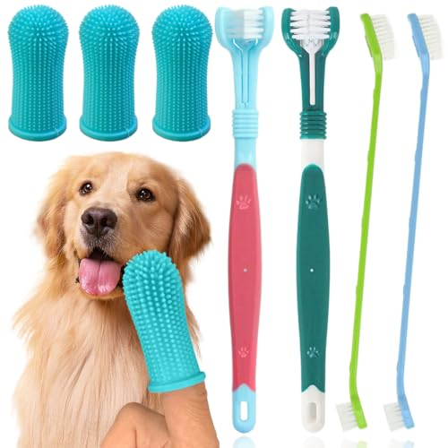 Hunde Zahnbürsten-Set, 2 Stück Dreifach Köpfe Hundezahnbürsten, 3 Finger Zahnbürste, 2 Doppelköpfige Zahnbürste, für Kleine, Mittelgroße und Große Haustiere Multi-Winkel-Zahnreinigungsset
