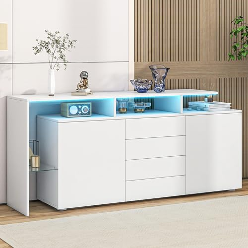 Ymkua Sideboard, Buffetschrank, Kommode mit 2 Türen und 4 Schubladen, Wohnzimmerschrank, Standschrank, TV-Schrank, Wohnzimmerwand, LED-Vitrine, Buffetschrank Esszimmer, 160x35x70 cm (White)