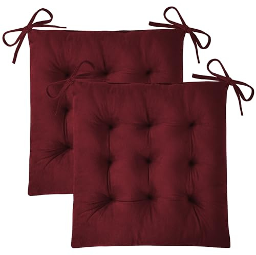 FlyGulls Kitchen Chair Cushions Set of 2 Tufted Square Seat Cushions with Ties Plush Chair Pad for Kitchen Dining Room Office(39x39cm Burgundy)