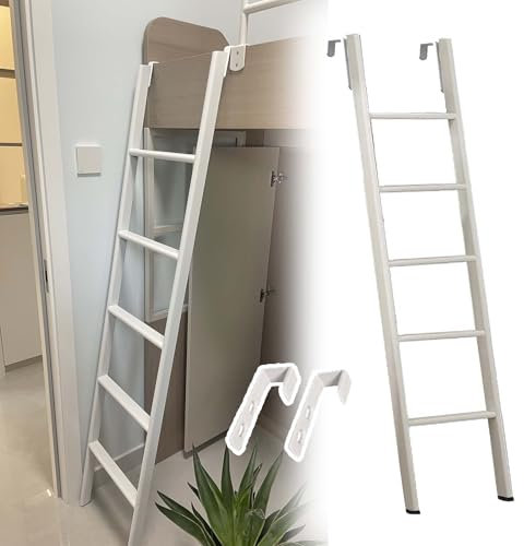 Escalera corta de metal blanco con ganchos, diseño que ahorra espacio para literas y caravanas, 160 cm de alto, ideal para dormitorio y uso doméstico