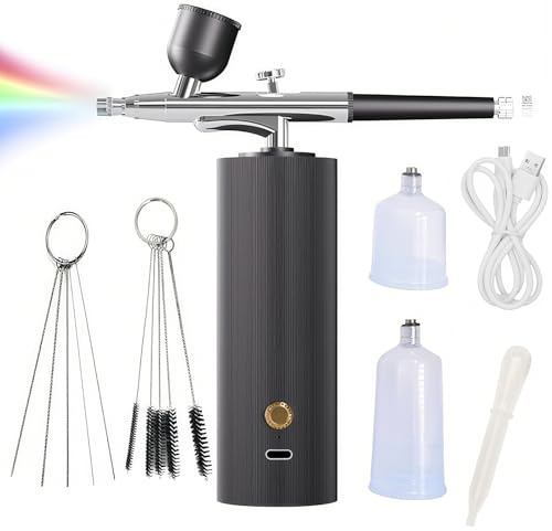 OBEST Juego de aerógrafo con compresor, tipo C recargable, juego de aerógrafo de alta presión con boquilla de 0,3 mm y juego de cepillos de limpieza para graffiti, pintura, arte de uñas, maquillaje