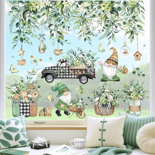 decalmile Spring Summer Hanging Vine Eucalyptus Leaves Double Sided Window Clings Green Leaf Gnome Truck Anti-Collision Glass Doors Window Stickers Decals