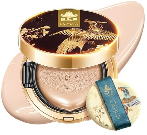 CATKIN Cushion Foundation, Leichte und Langanhaltende Formel, Anti-Aging, Natürlicher Effekt, 7-In-1-Kräuterextrakte, Sheer Satin Finish, Nachfüllpackungen Enthalten, 13g * 2